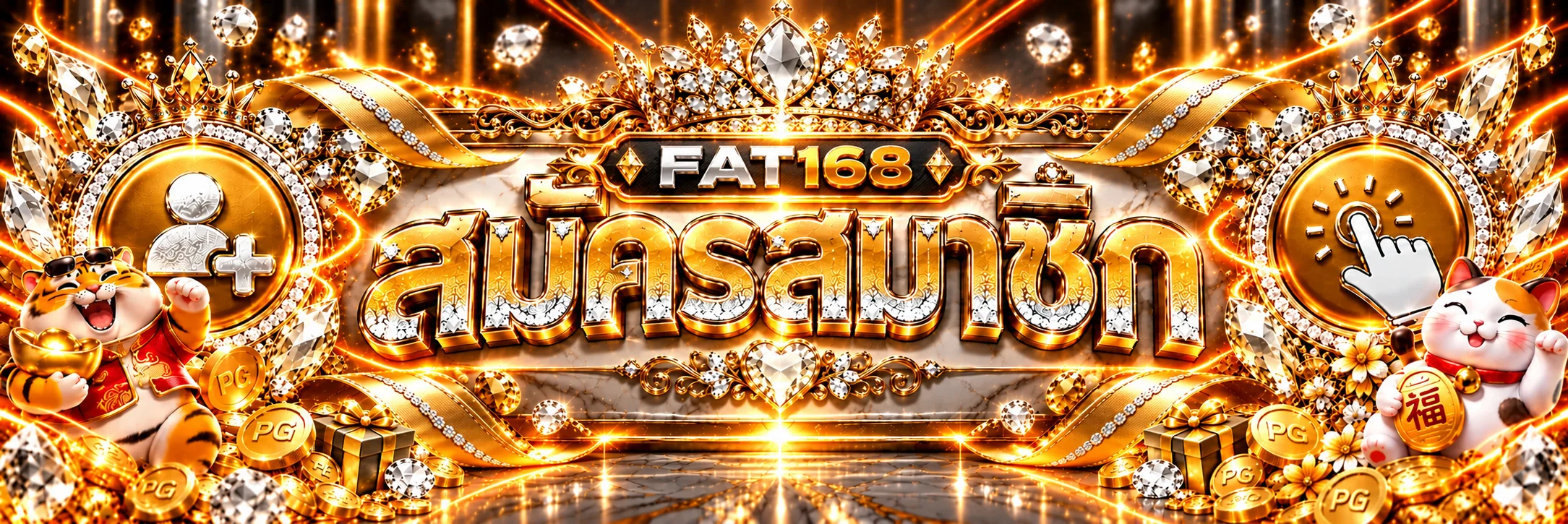 แบนเนอร์สมัครสมาชิก FAT168 พร้อมมาสคอต PG Soft